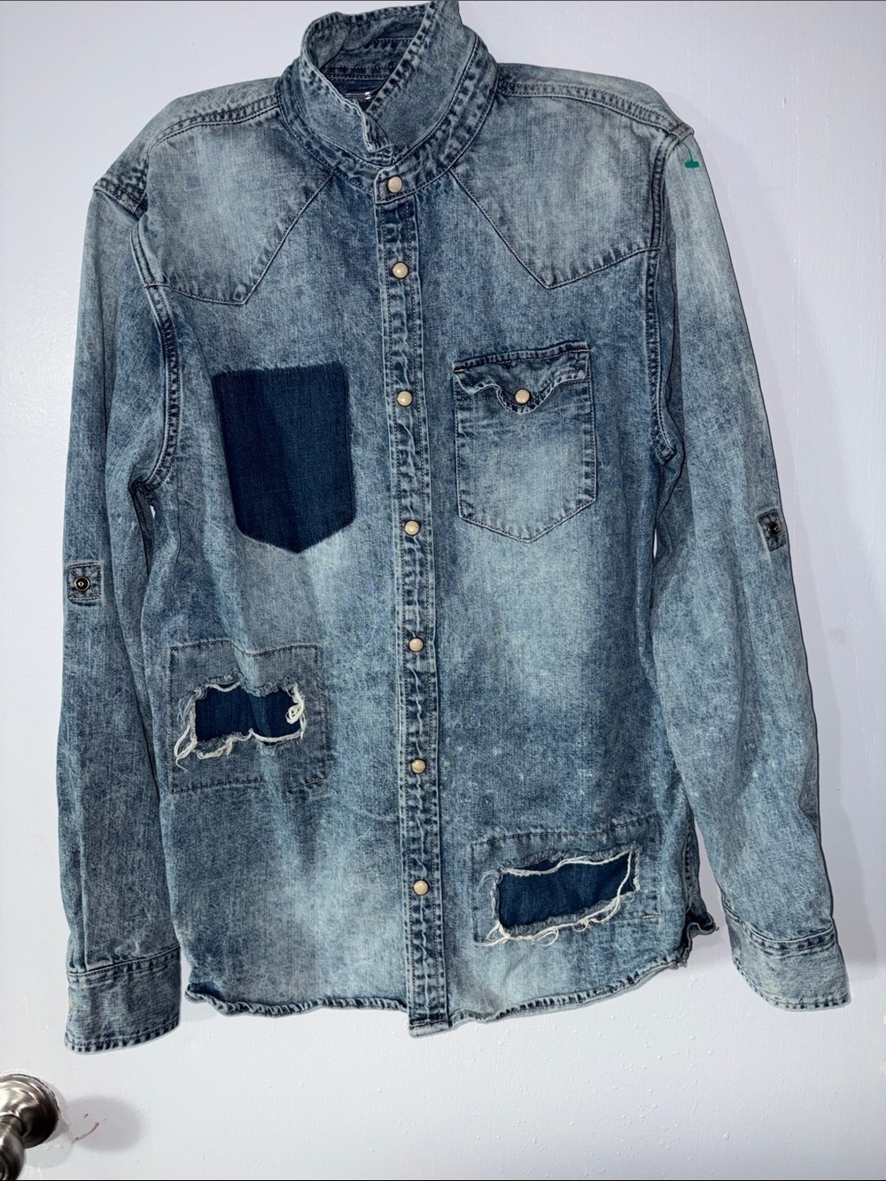 Zara ripped Denim Button-Up Shirt with Patch Details